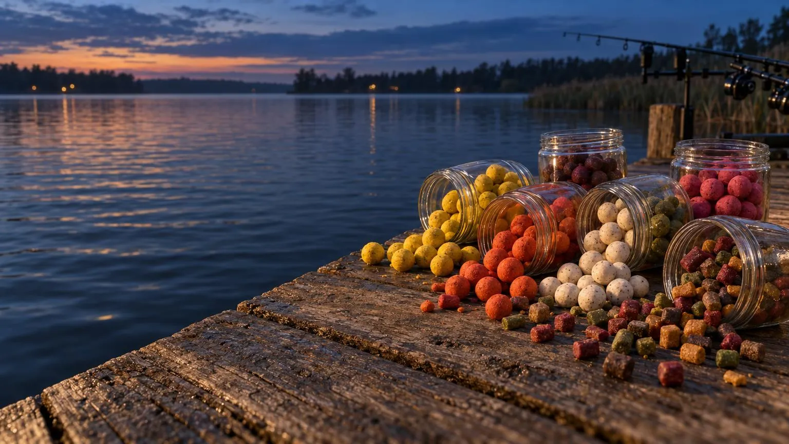Barevné boilies a pelety z dóz na dřevěném molu u jezera